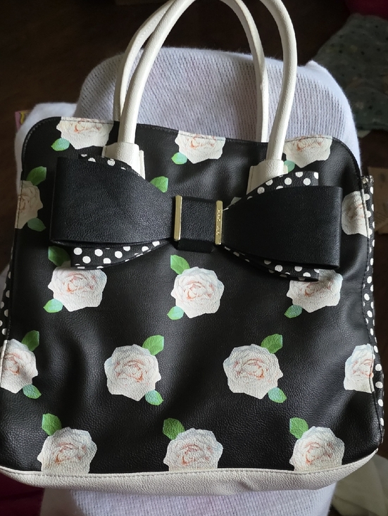 Betsey Johnson Handbags - Betsey Johnson Black Floral Tote with White Rose Print and Bow Accent NWOT